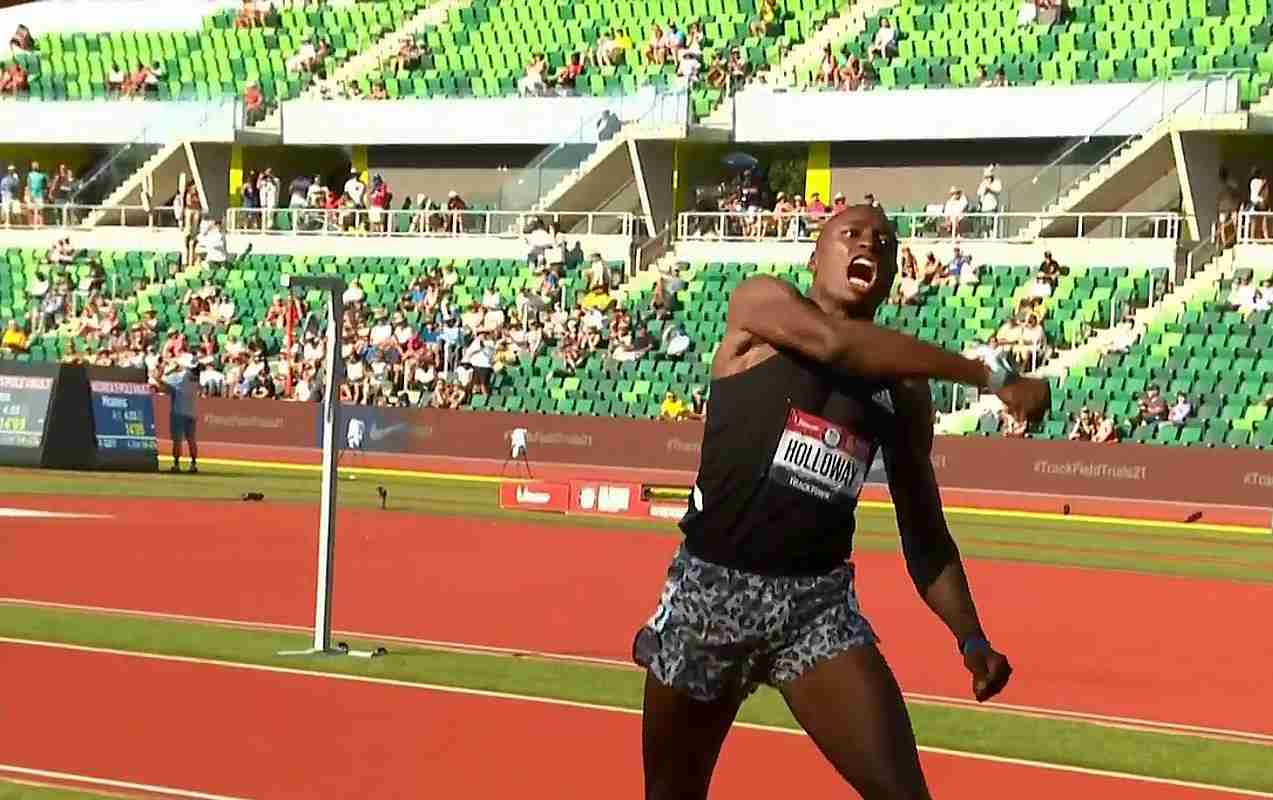 Grant Holloway reacts after running 12.81 at the U.S. Olympic trials