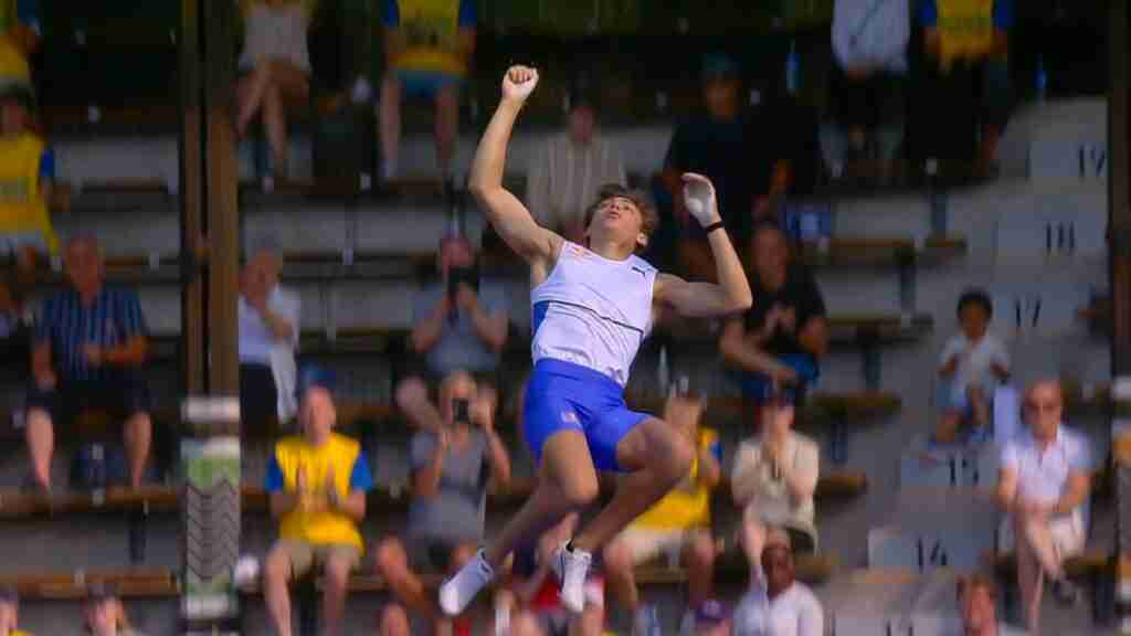 Armand Duplantis clears the bar during the pole vault at the 2021 Stockholm Diamond League