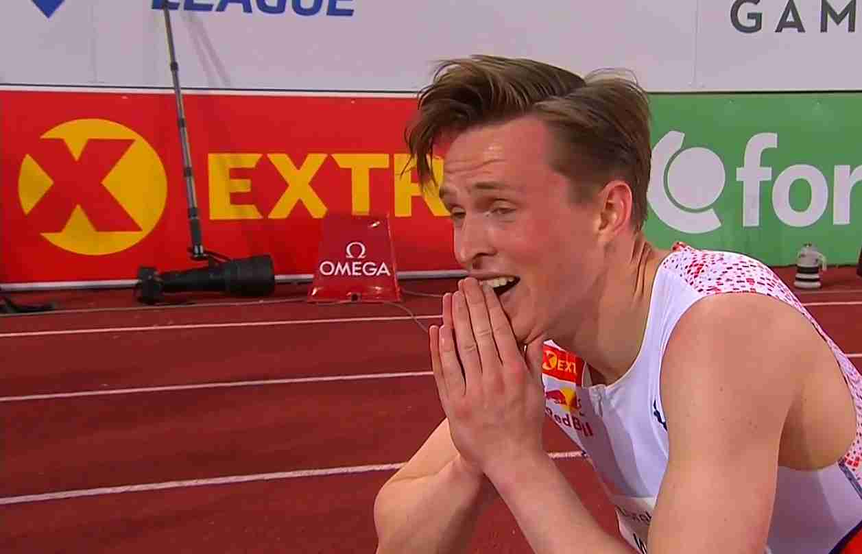 Karsten Warholm after breaking the 400m hurdles world record at the at the 2021 Bislett Games Oslo Diamond League meeting