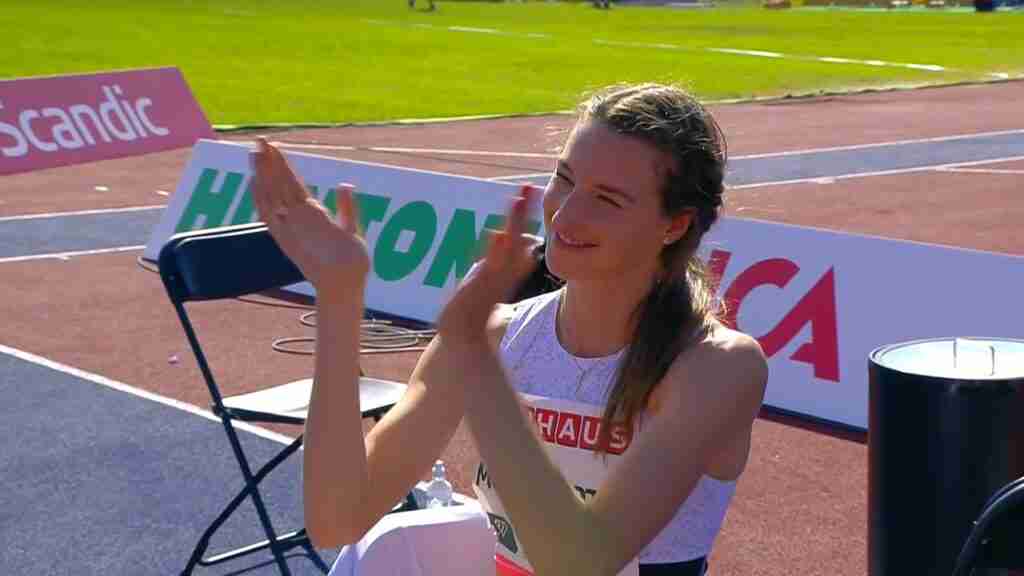 Nicola McDermott of Australia reacts during the high jump at the 2021 Stockholm Diamond League