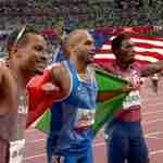 Andre de Grasse (L), Lamont Marcell Jacobs and Fred Kerley