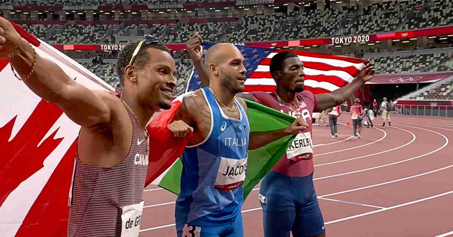Andre de Grasse (L), Lamont Marcell Jacobs and Fred Kerley