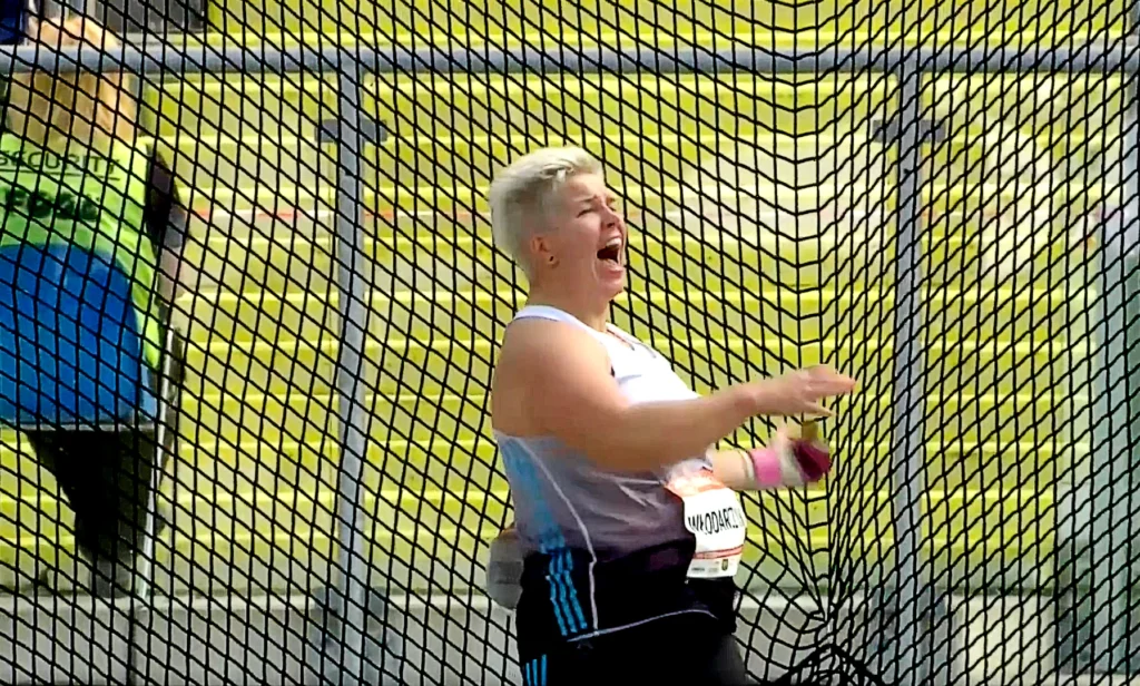 Anita Włodarczyk reacts at the 2022 Orlen Janusz Kusocinski Memorial