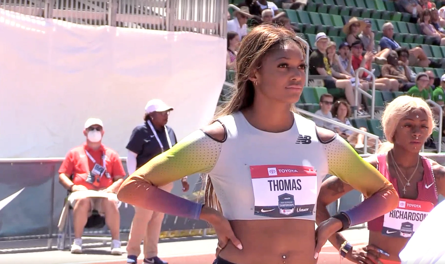 Gabby Thomas at the 200m start at the 2022 USATF Outdoor Championship