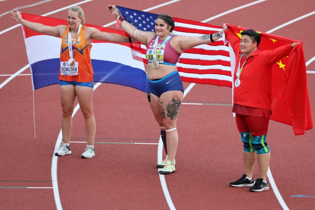 Chase Ealey (c) Lijiao Gong and Jessica Schilder women's shot put final at world championships 2022