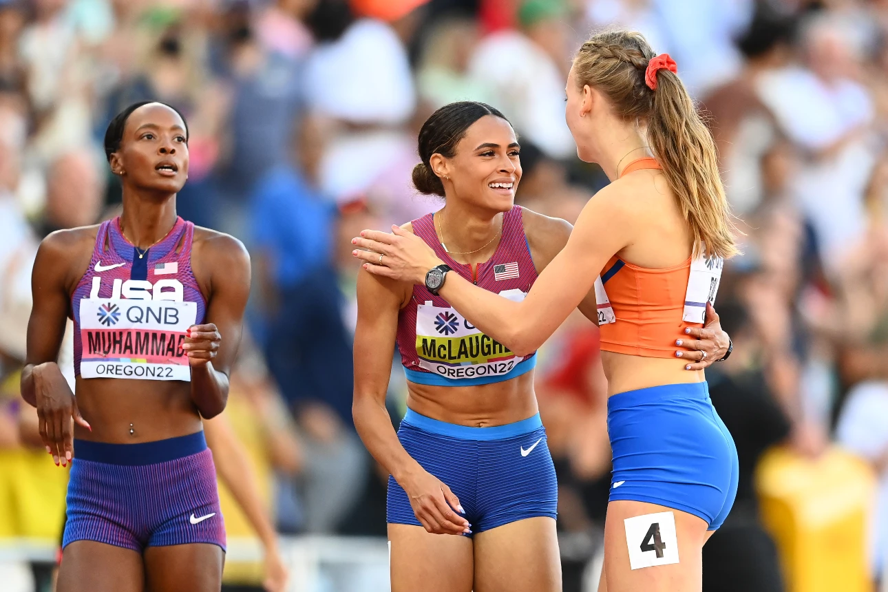 Dalilah Muhammad with Sydney McLaughlin-Levrone (McLaughlin) and Femke Bol at the World Athletics Championships