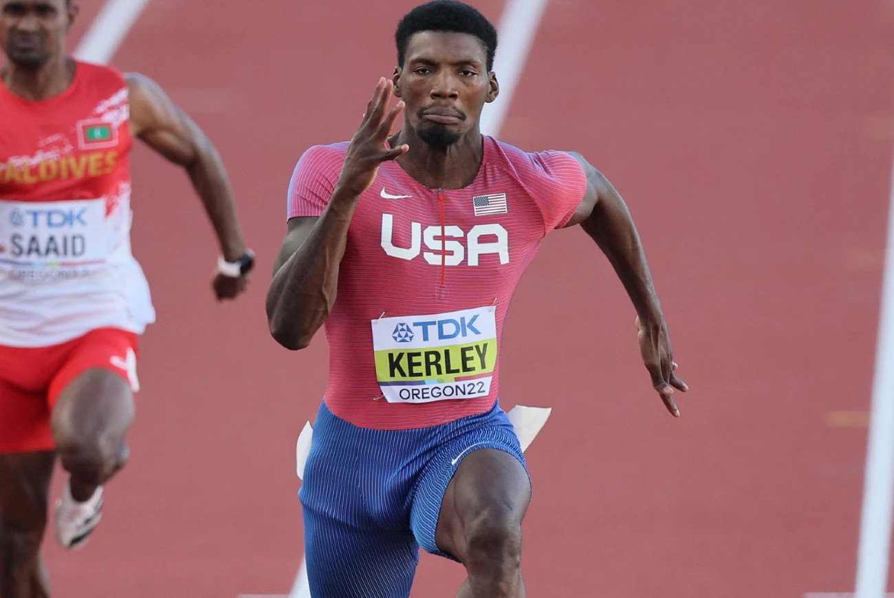 Fred Kerley winning his 100m heat at the World Athletics Championships 2022