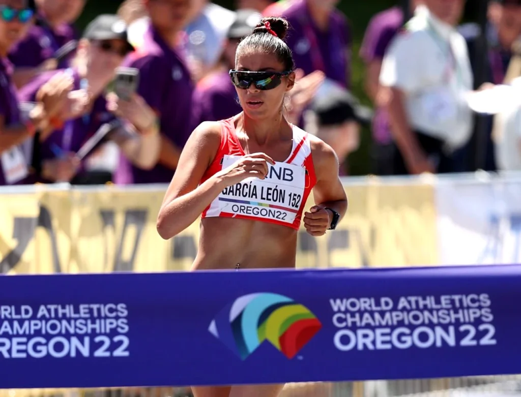 Kimberly Garcia Leon of Peru winning gold in the Women's 20 Kilometres Race Walk Final