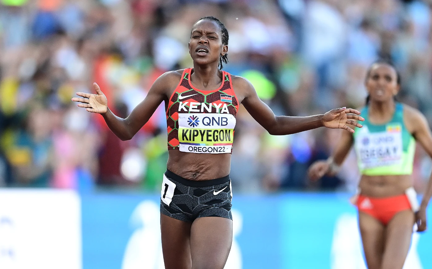 Kipyegon Faith of Kenya celebrates gold in the women's 1500m final at the World Athletics Champiionships 2022