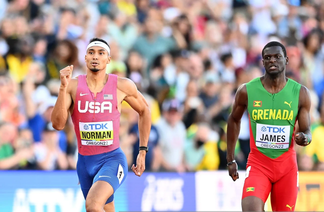 Michael Norman and Kirani James in the men's 400m final at the World Athletics Championships 2022