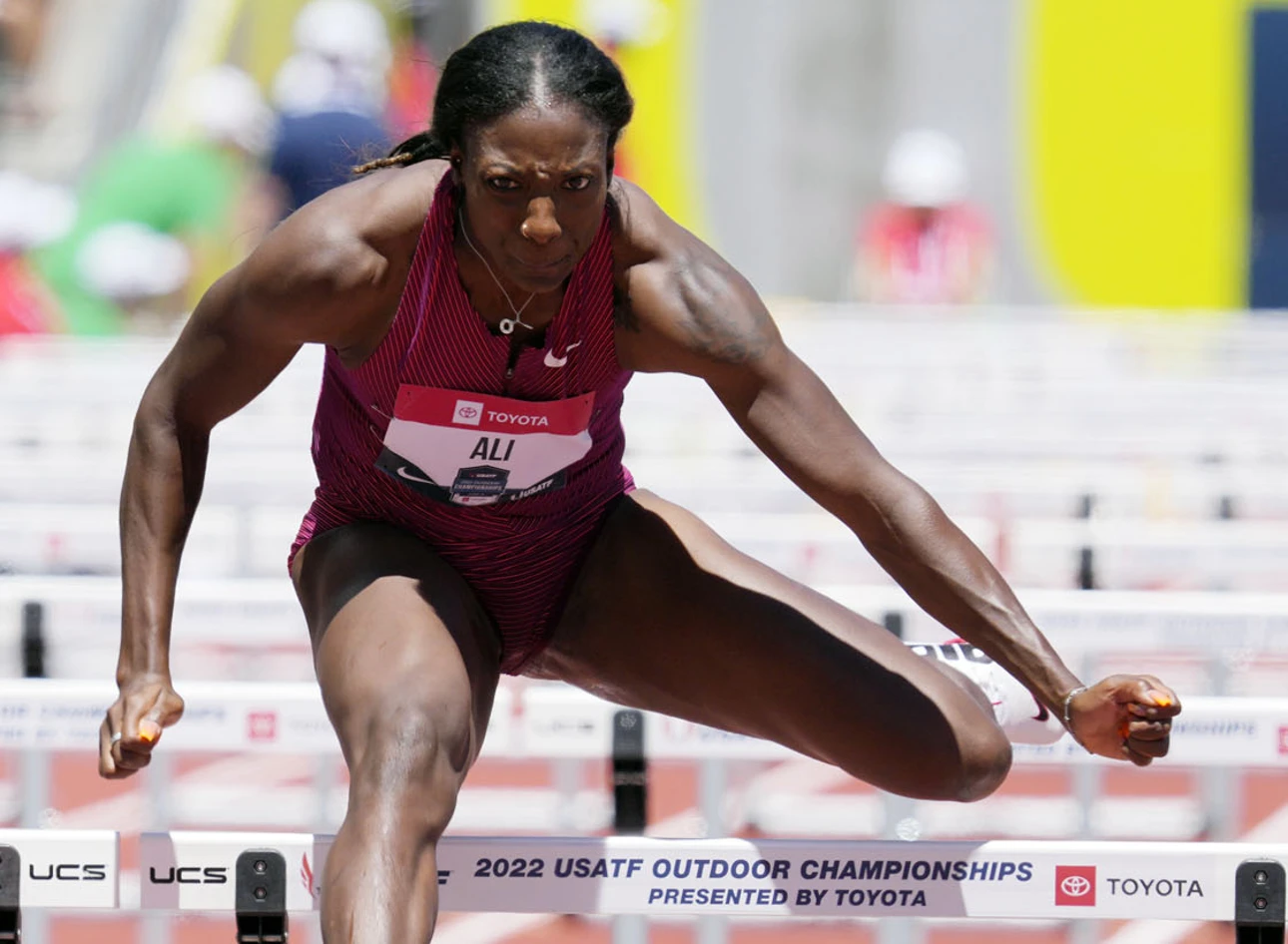 Nia Ali of USA in the 100m hurdles at the USATF Championships 2022