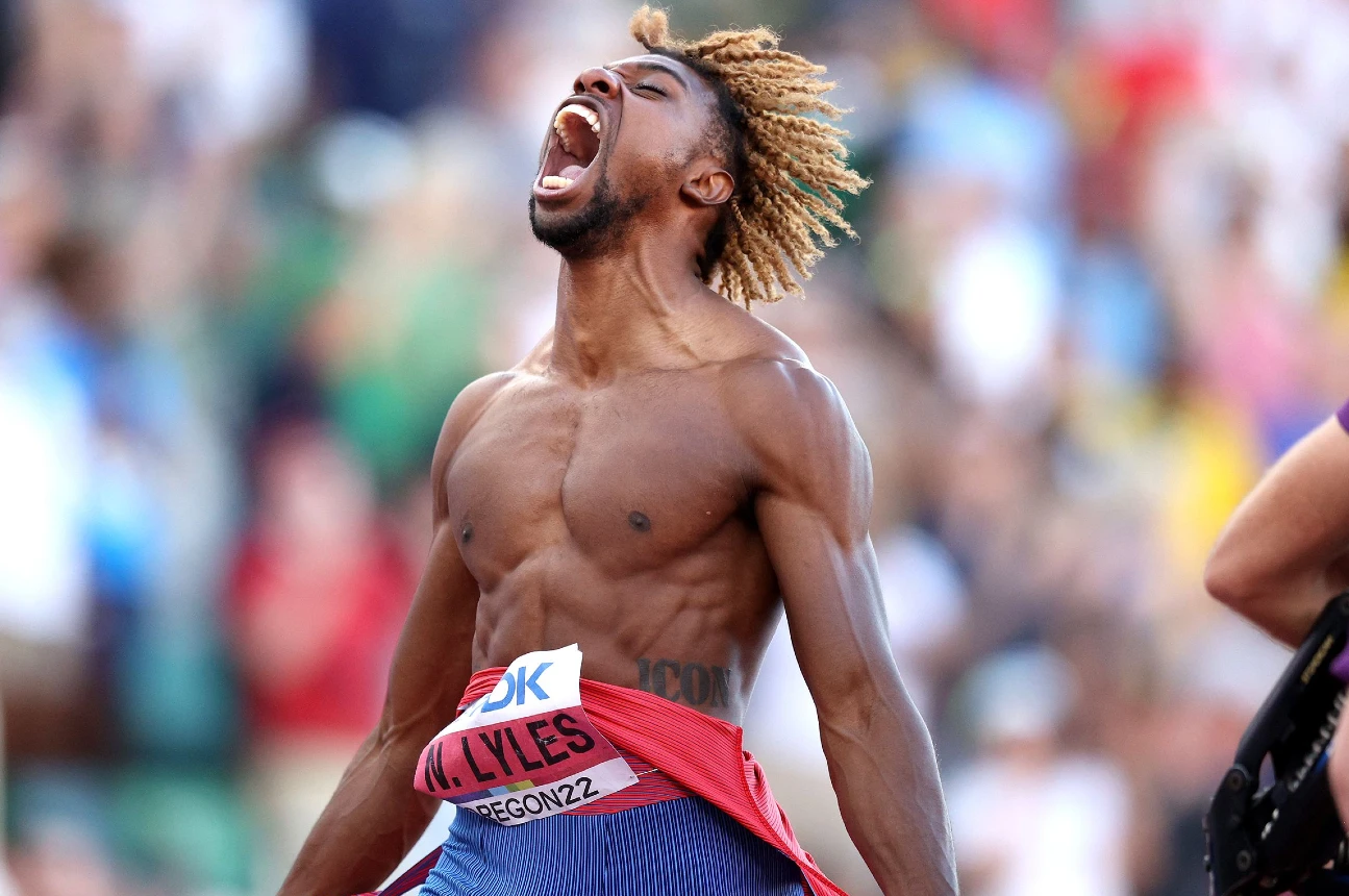 Noah Lyles reacts after winning the World Athletics Championships 2022 men's 200m title