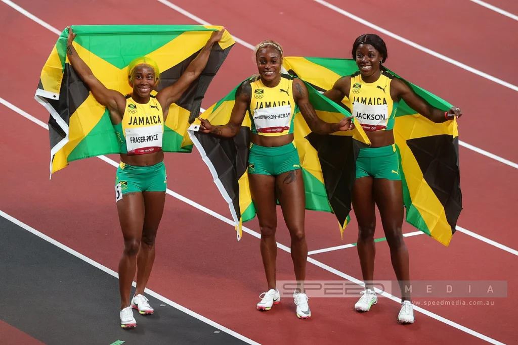 Shelly-Ann Fraser-Pryce with Elaine Thompson-Herah and Shericka Jackson of Jamaica at the Tokyo Olympics