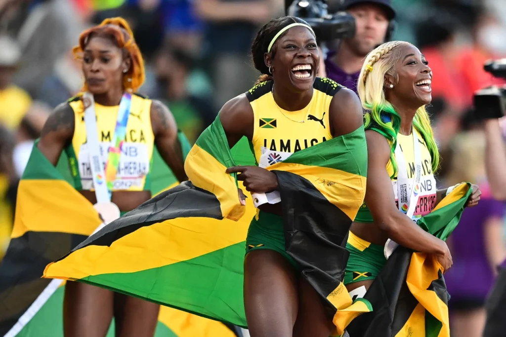 Shelly-Ann Fraser-Pryce with Shericka Jackson and Elaine Thompson-Herah sweep World Championships 100m final