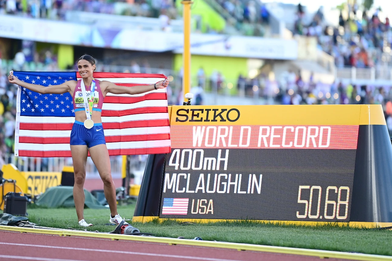 Sydney McLaughlin of United States sets a new world record in the Womens 400m Hurdles Final at the World Athletics Championships Oregon22
