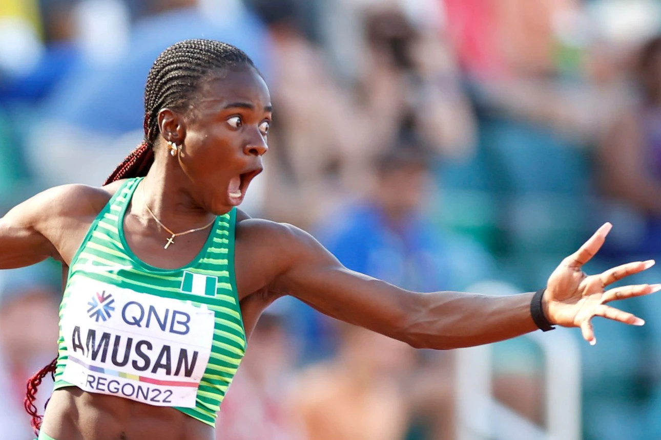 Tobi Amusan of Nigeria reacts to breaking the 100m hurdles world record with 12.12secs