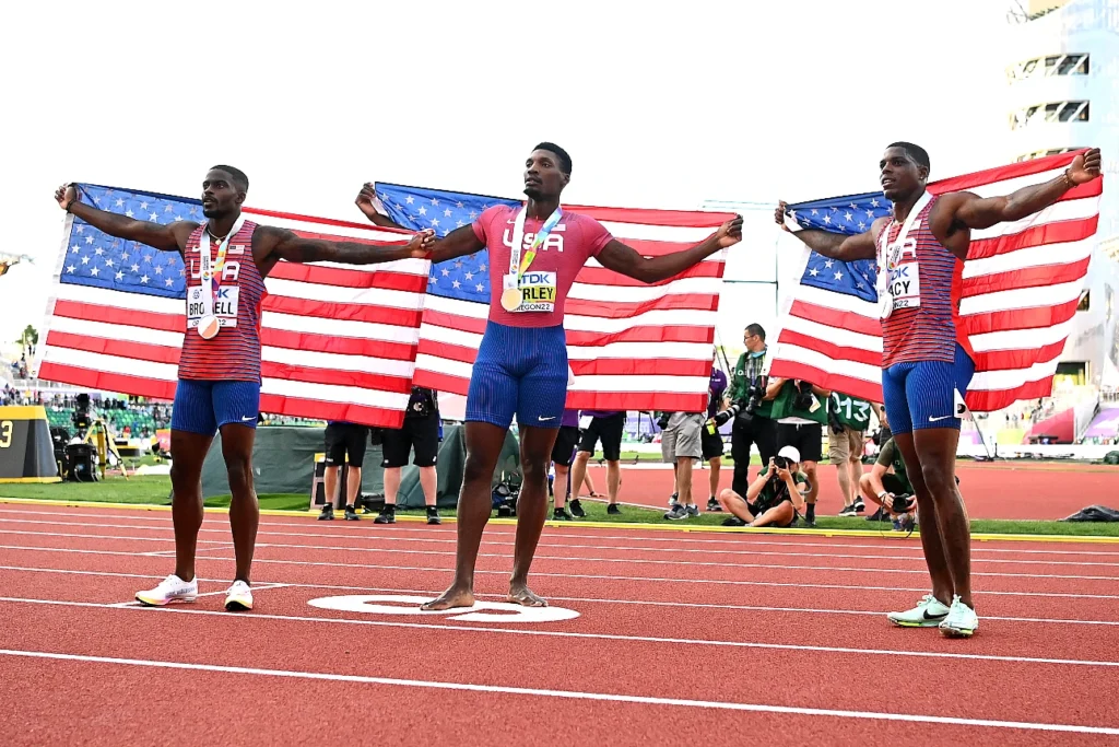 Trayvon Bromell, Fred Kerley and Marvin Bracy after the 100m final