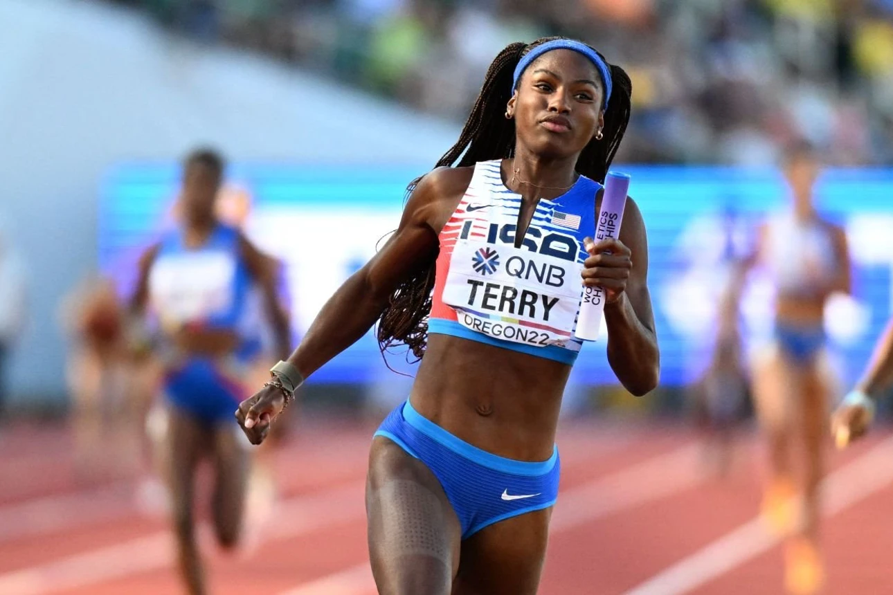 Twanisha Terry of USA runs the anchor leg in the 4x100m at the World Athletics Championships 2022
