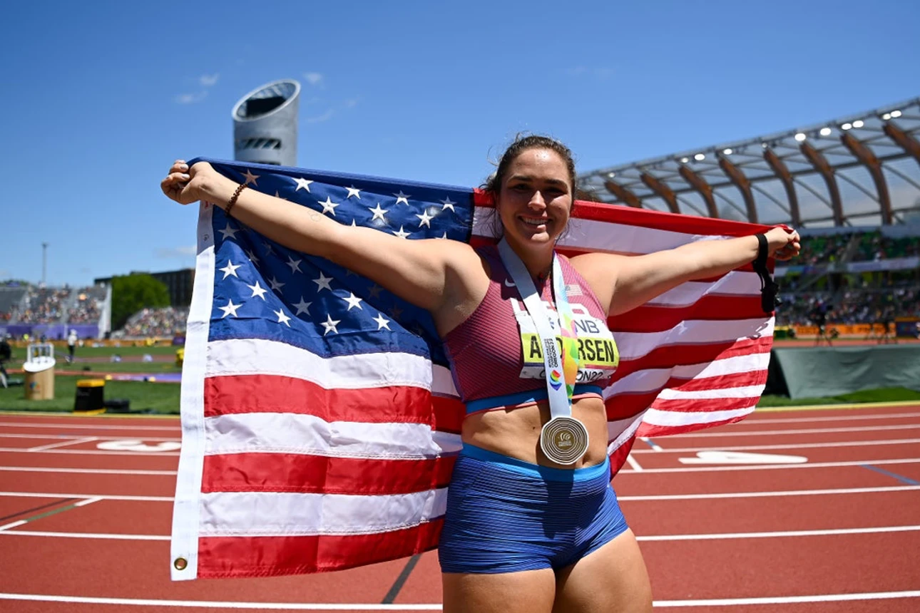 Brooke Andersen of USA after winning the Women's Hammer Throw at the World Athletics Championships Oregon22