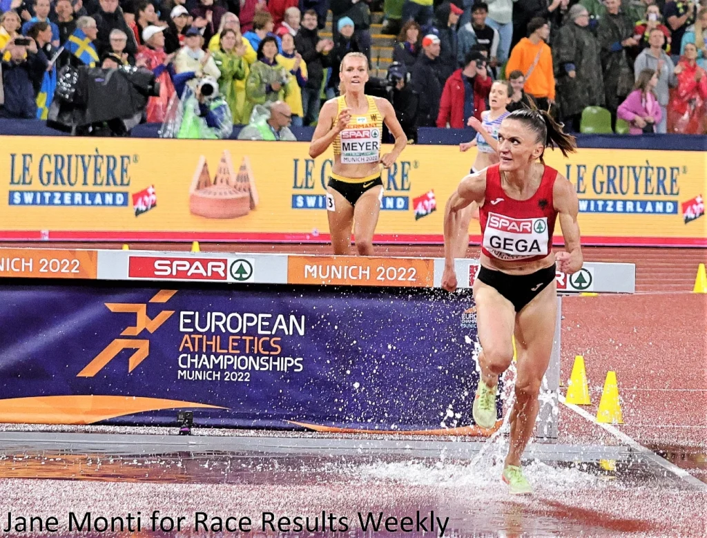 Luiza Geba of Albania wins the 2022 European Athletics Championships women's steeplechase