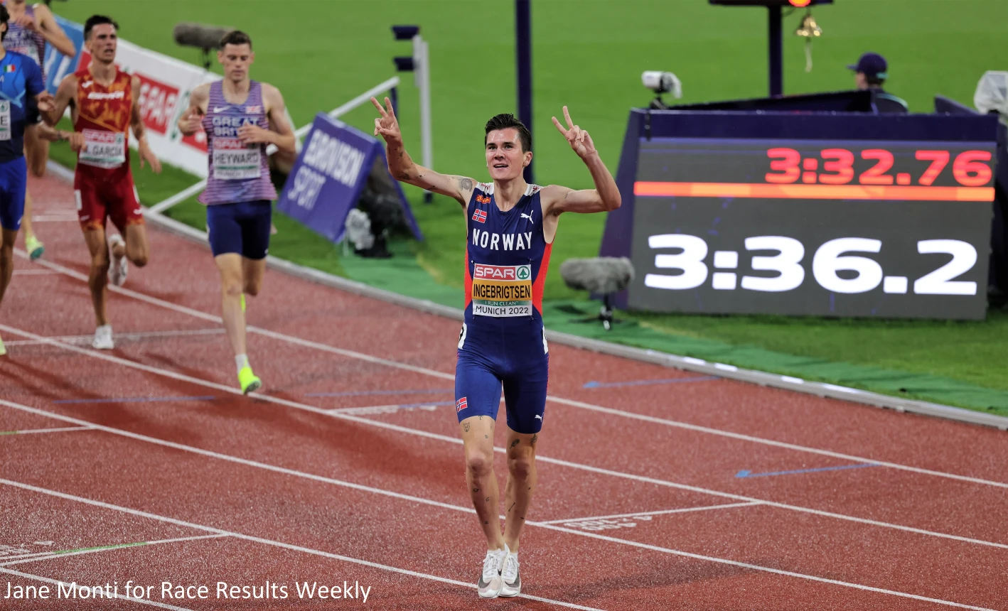 Jakob Ingebrigtsen winning the men's 1500m title at the 2022 European Athletics Championships