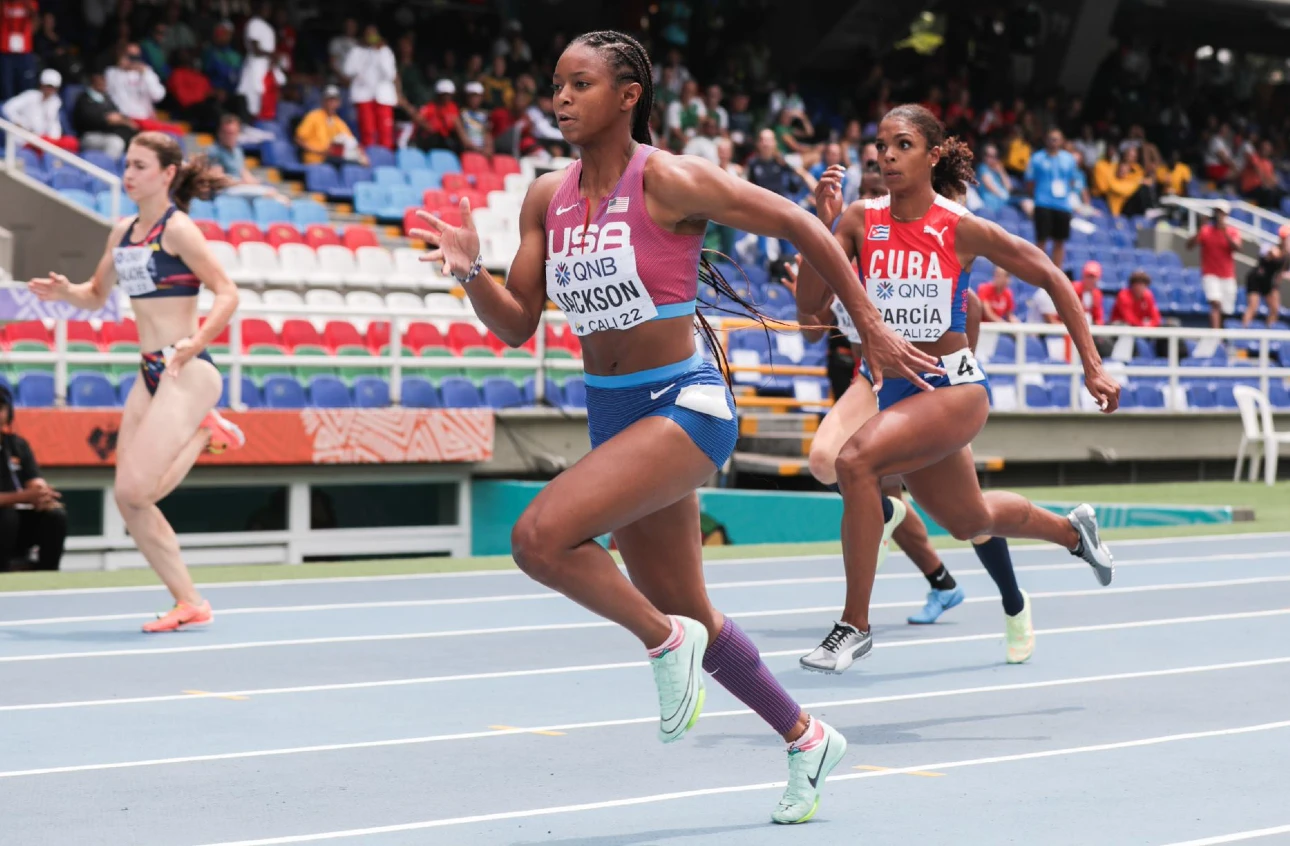 USA’s Shawnti Jackson in the women's 100m heats at the U20 World track and field championships 2022