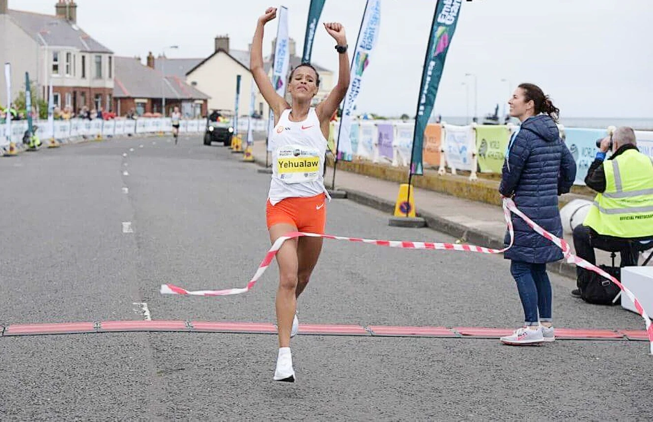 Yalemzerf Yehualaw wins at the 2021 Antrim Coast Half Marathon