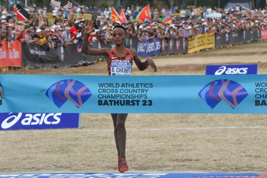 Beatrice Chebet of Kenya winning the 2023 World Athletics Cross Country Championships