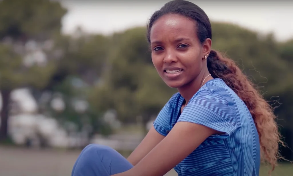 Helene Bekele of Ethiopia looks on during an interview