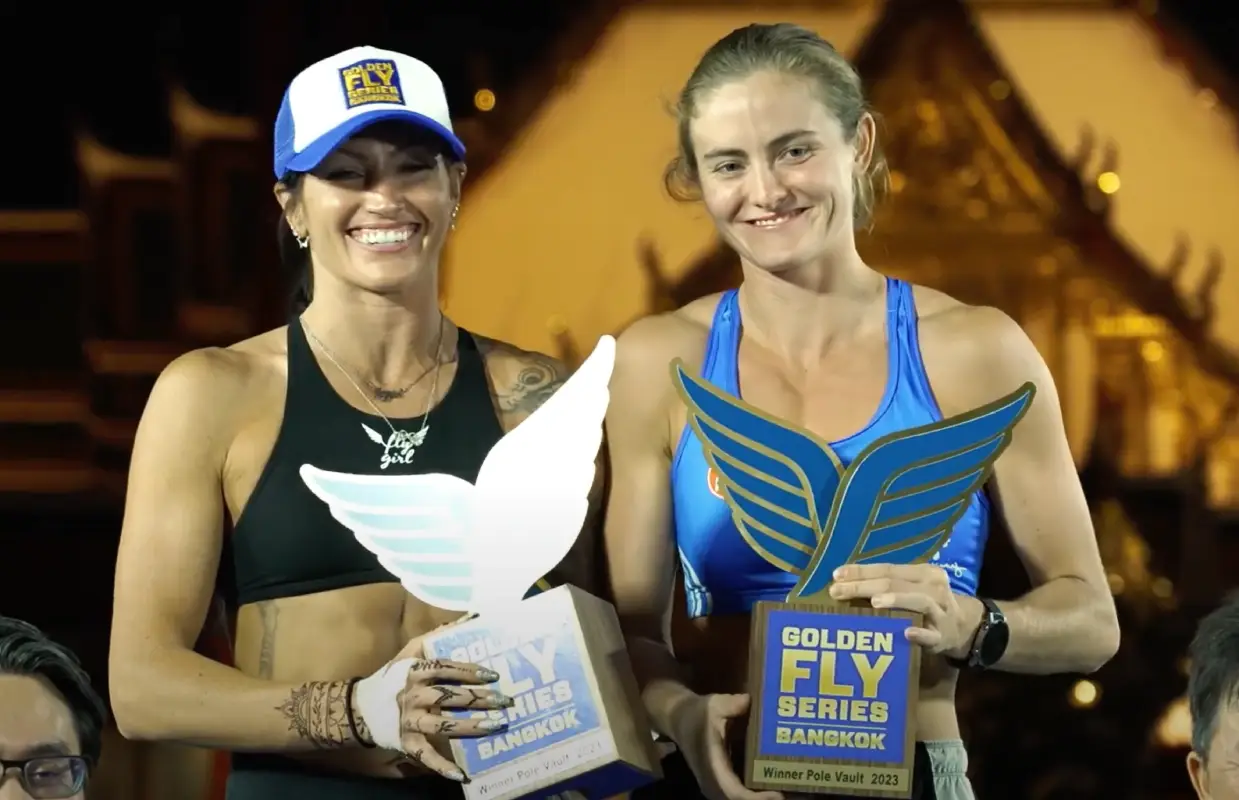 Zuzana Prazakova (R) and Anicka Newell after the women's pole vault at the Golden Fly Series 2023