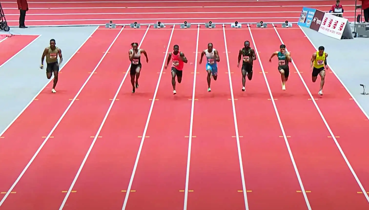 men 60m final at the 2023 New Balance Indoor Grand Prix