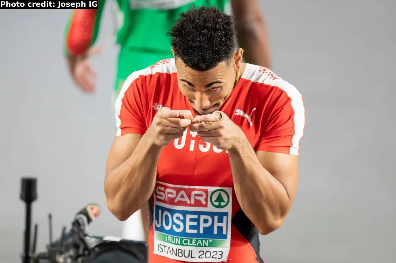 Jason Joseph of Switzerland reacts at the 2023 European Athletics Indoor Championships