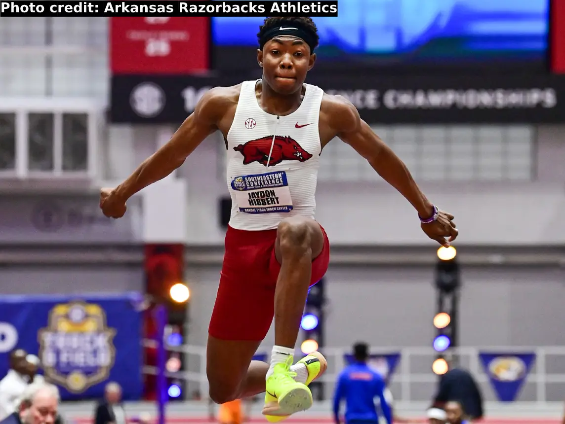 Jaydon Hibbert of Arkansas in the men's triple jump