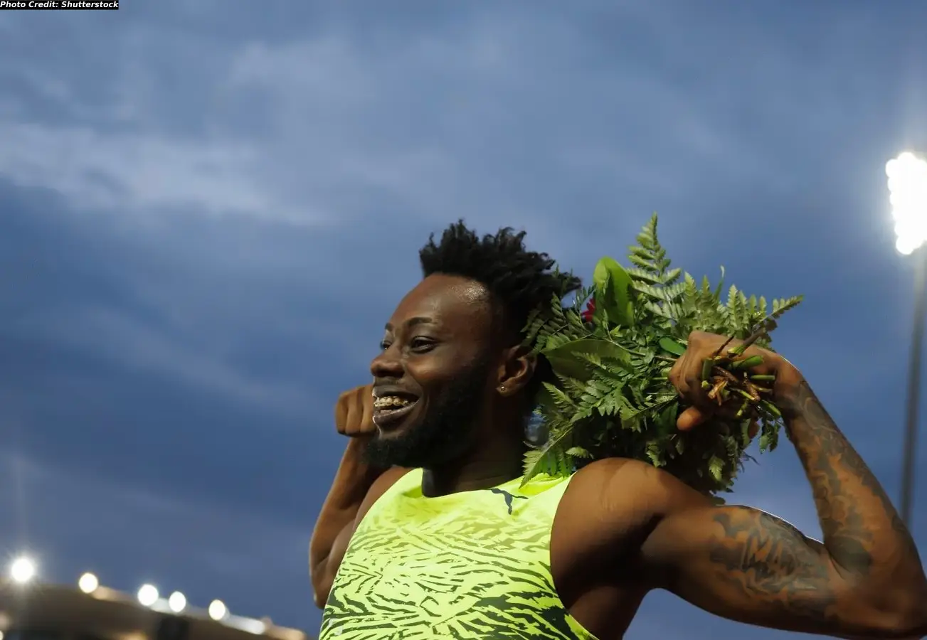 Rasheed Broadbell of Jamaica celebrates after winning the 110m Hurdles