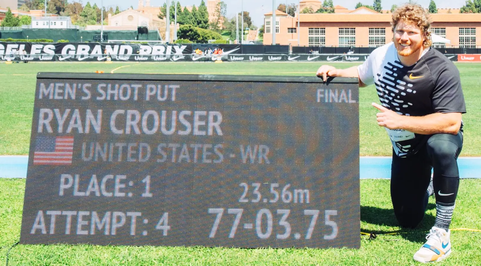 Ryan Crouser of USA breaks his own world record in the shot put with a massive 23.56m at Los Angeles Grand Prix