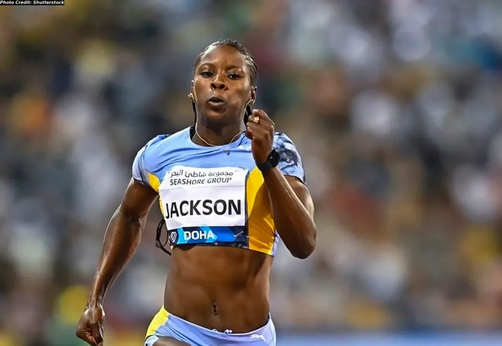 Shericka Jackson of Jamaica in action in the 100m at the Doha DL