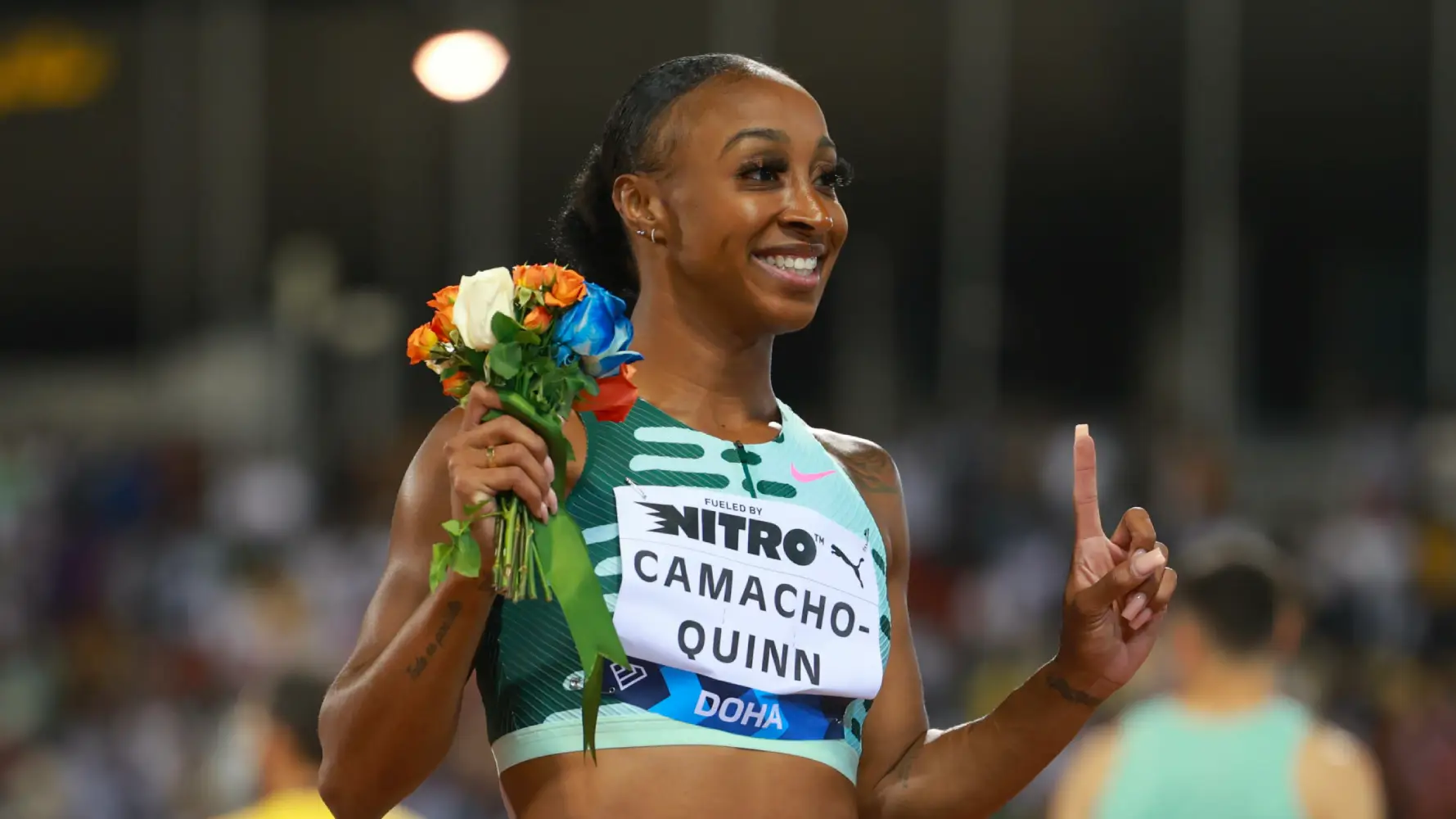 Jasmine Camacho-Quinn wins 100m hurdles at Doha 2023 Diamond League.
