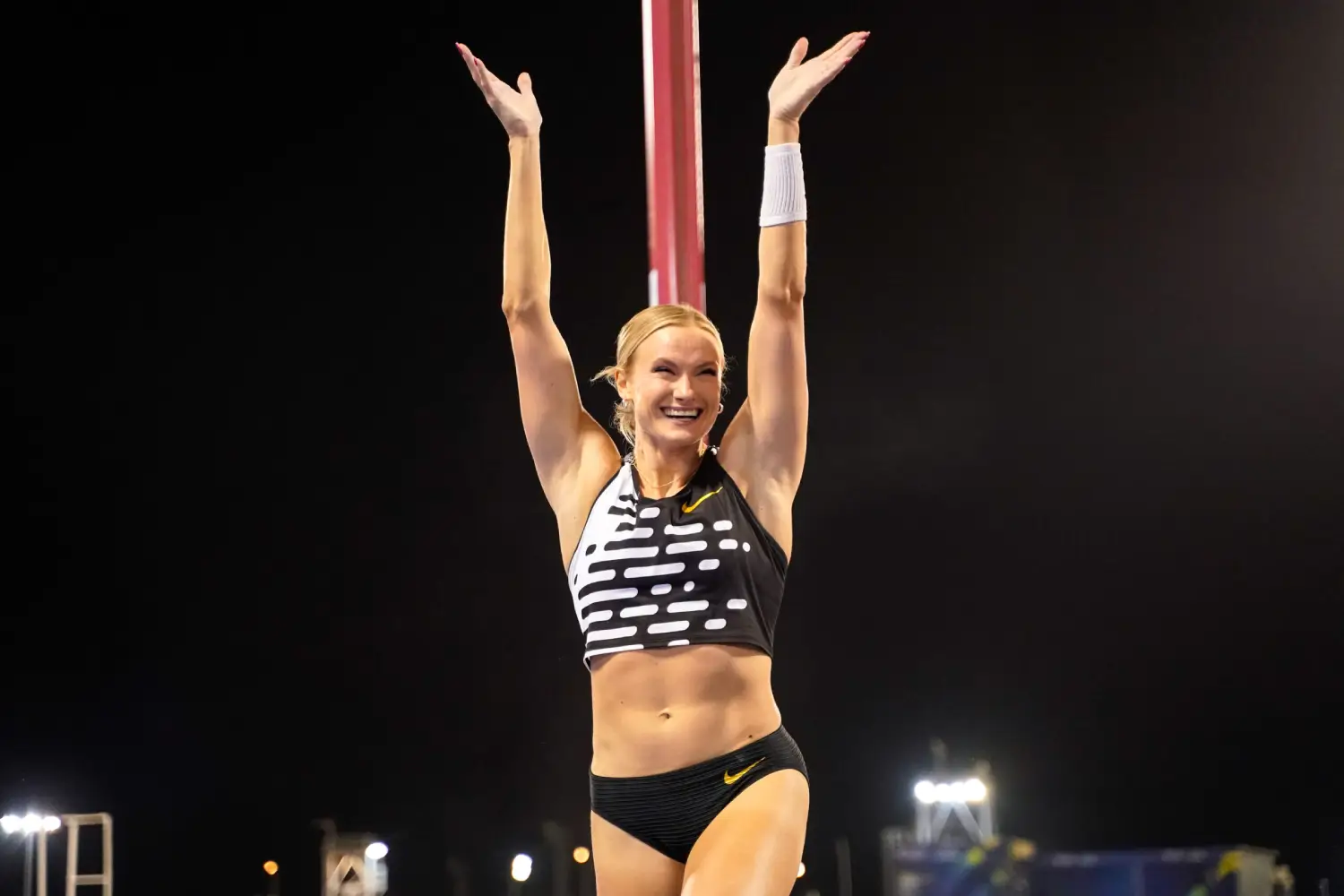 USA pole vault athlete Katie Moon reacts after clearing the bar at Doha 2023 Diamond League Schedule