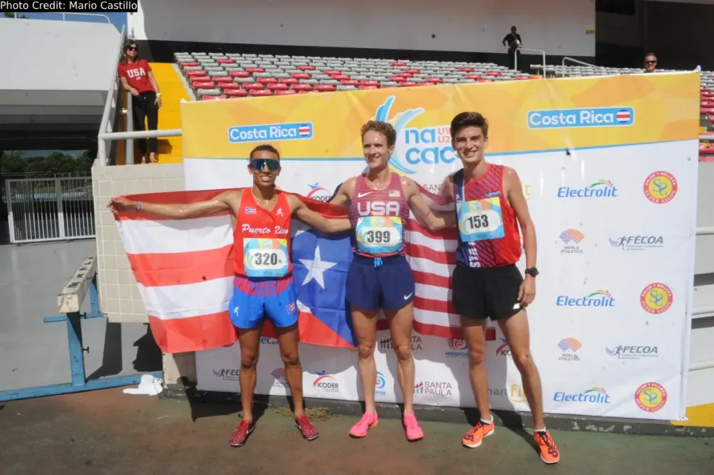 American runner Cole Sprout (c) after winning the men's 5000m at the NACAC U23 Championships