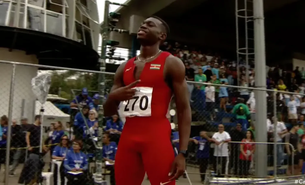 Issam Asinga wins 100m at the 2023 South American Athletics Outdoor Championships. He set a World U20 record
