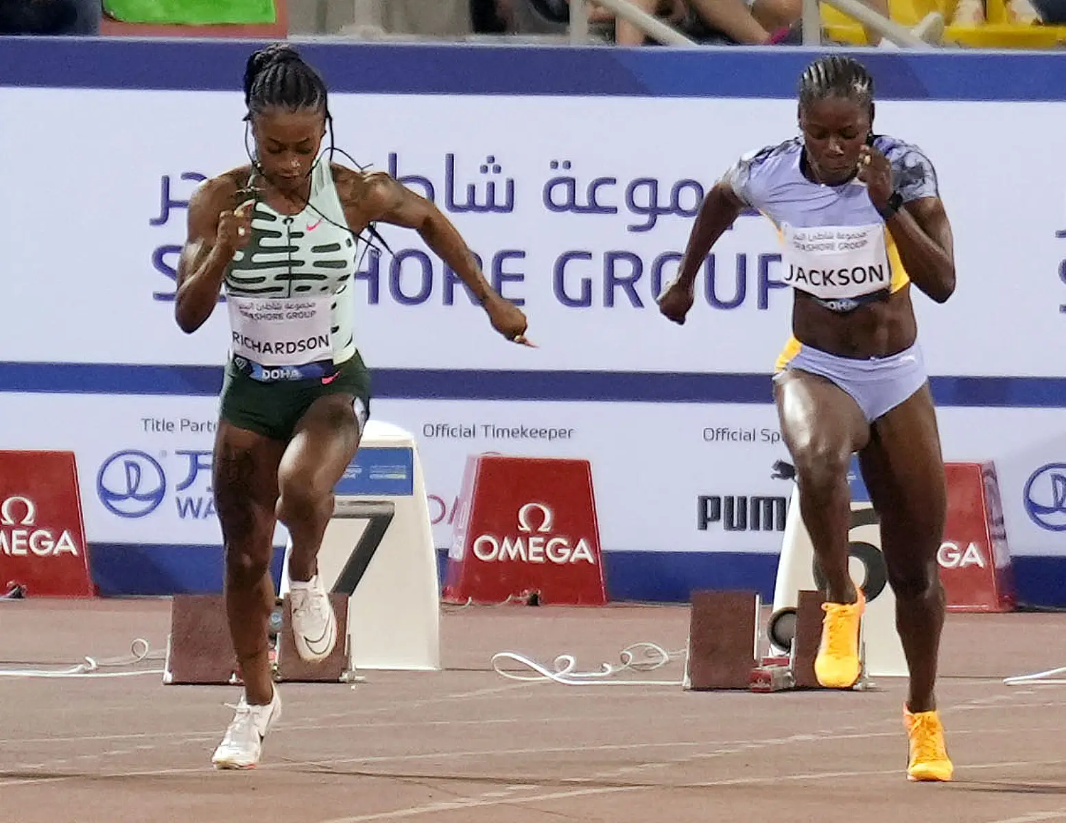 Sha'Carri Richardson and Shericka Jackson competes in the 100m dash at the Doha Diamond League meeting