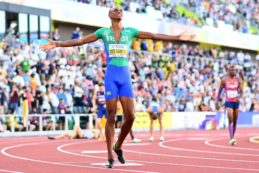 Alison dos Santos of Brazil wins the Men's 400m Hurdles Heats