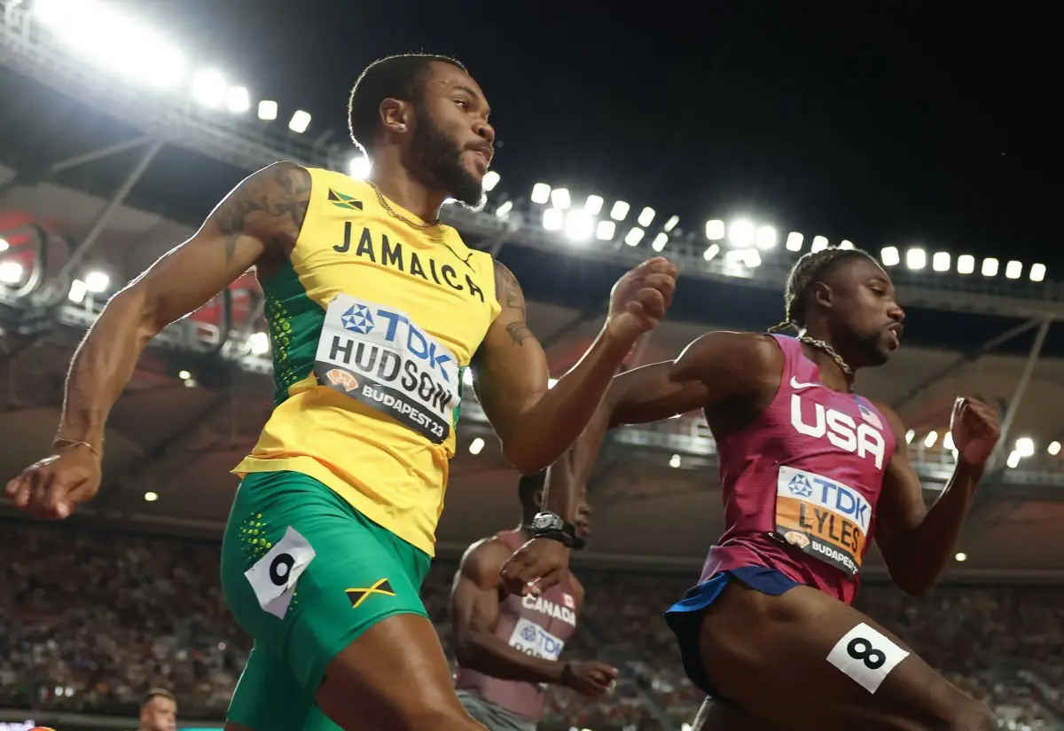 Andrew Hudson and Noah Lyles in the men's 200-meters at the world track and field championships