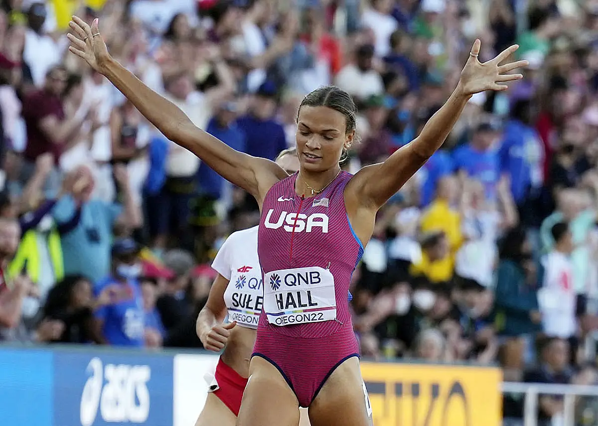 Anna Hall of USA in the women's heptathlon at the World Athletics Championships