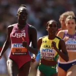 Athing Mu leads Jamaica's Natoya Goule-Toppin in the women's 800m