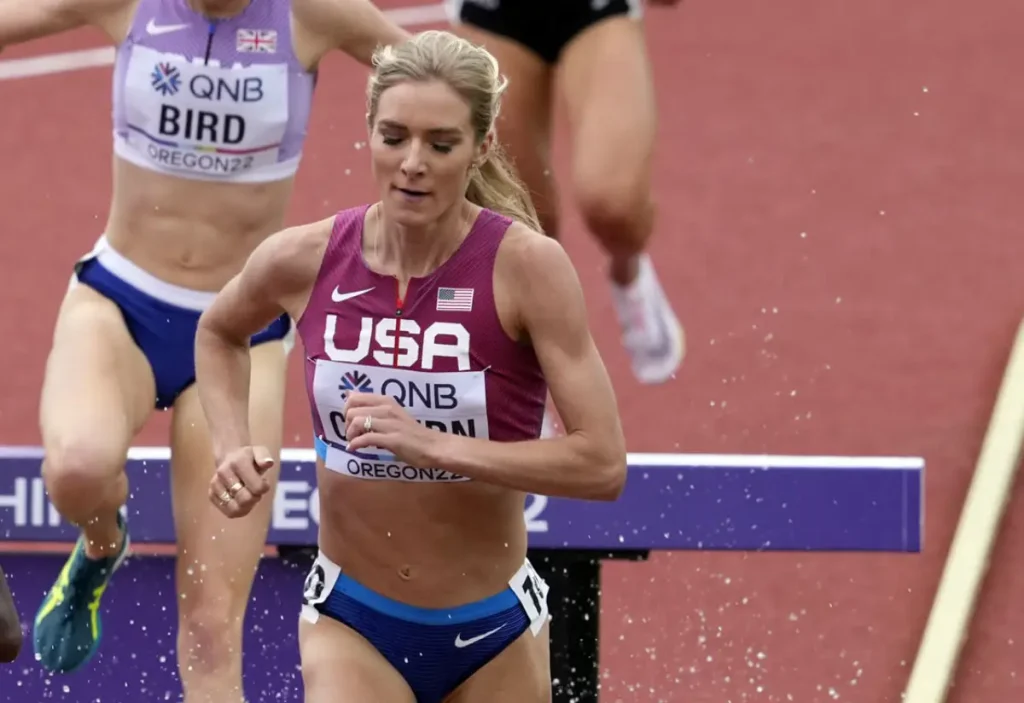 Emma Coburn of USA in the women's 3000m steeplechase at the world athletics championships