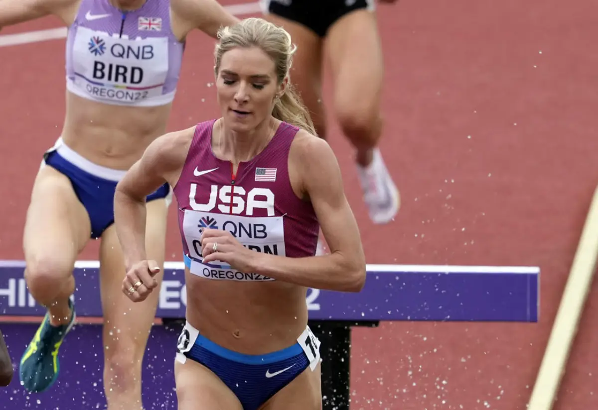 Emma Coburn of USA in the women's 3000m steeplechase at the world athletics championships