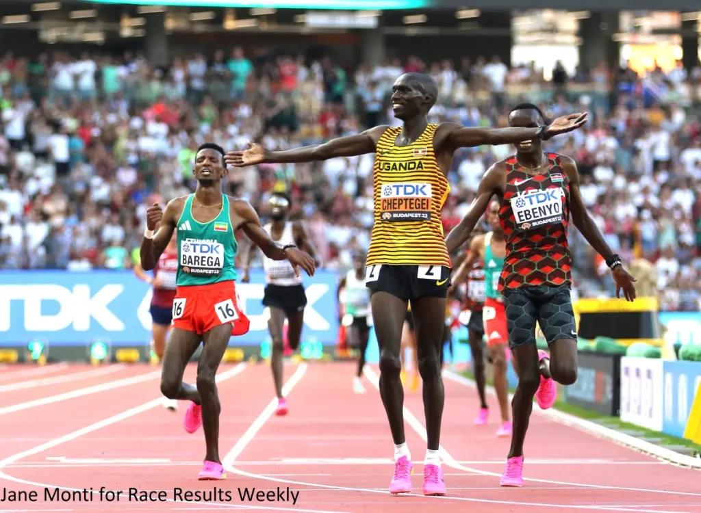 Joshua Cheptegei of Uganda reacts after winning gold in the Men's 10,000m