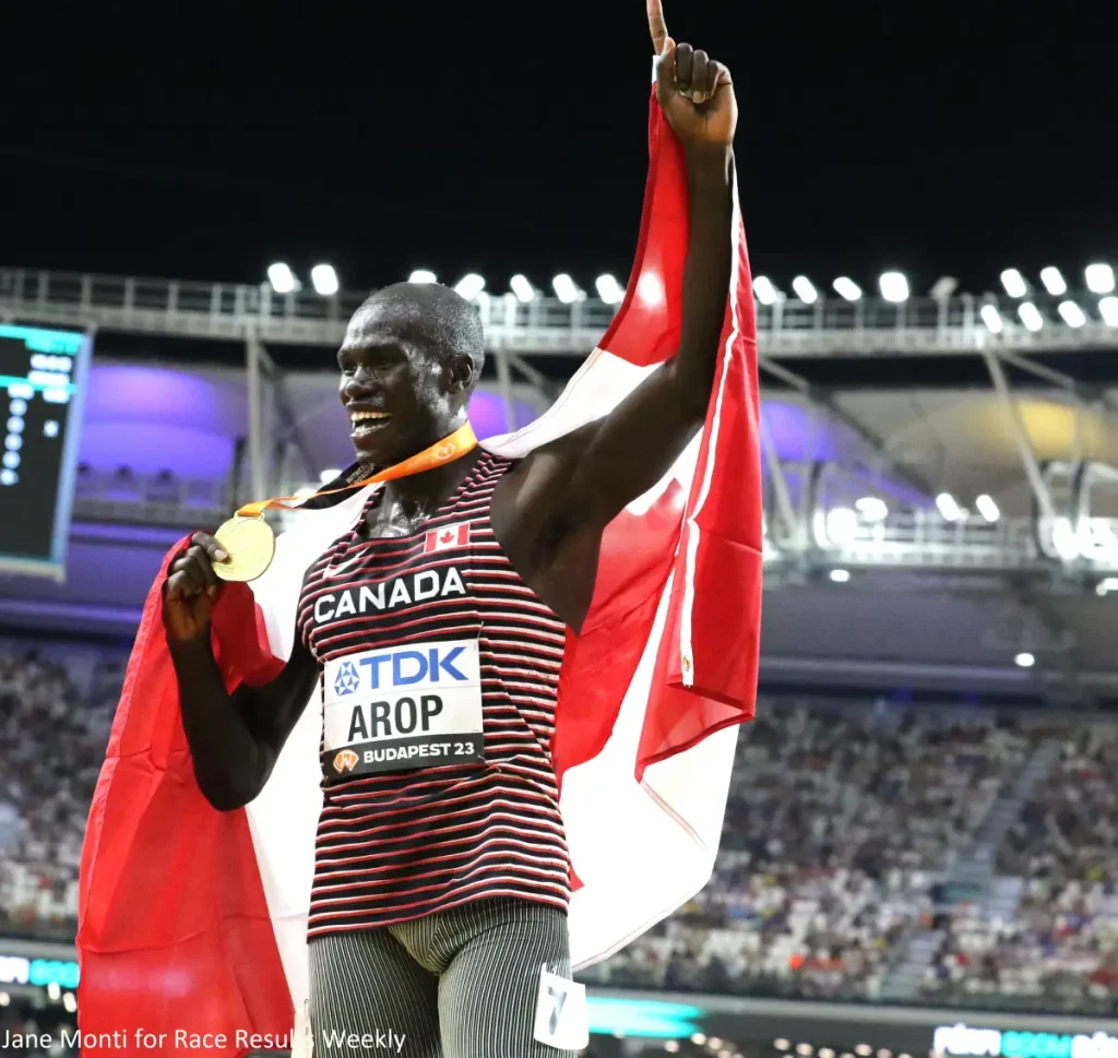 Marco Arop of Canada celebrates after winning the 800m at the 2023 World Athletics Championships