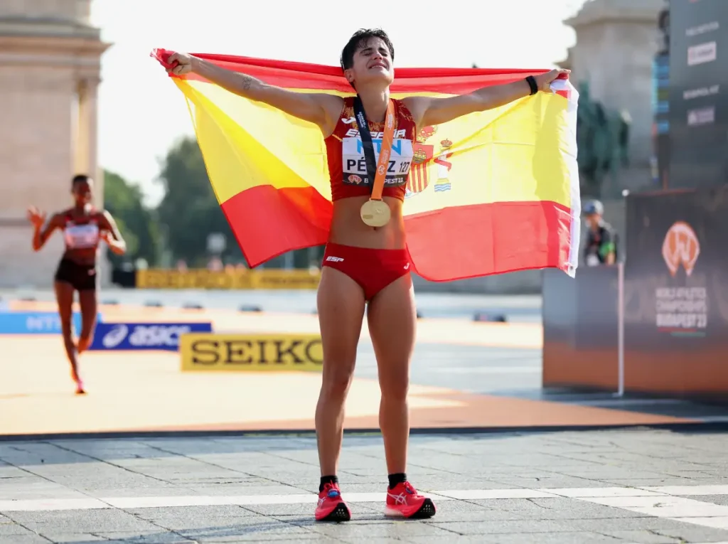 Maria Perez of Spain celebrates winning the women 20km Race Walk Final